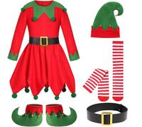 Elfo di Natale Costume Da Bambini Vestiti da Elfo Natalizi Capodanno Set Completo Cappello Calze Scarpe Cintura Costume Bimbo per Natale Piccolo Aiutante di Babbo Kit Vestito Natalizia Bambino Verde