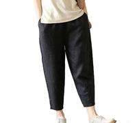 ElFor astic WFor - Pantaloni da donna in cotone e lino con design a nona lunghezza, offre comfort per una vestibilità ampia per tutti per l'uso quotidiano (L nero)