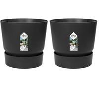 Elho Greenville Round 16 - Vaso con serbatoio idrico integratoper interno e esterno - 100% Plastica Riciclata - Ø 16.0 x H 15.3 cm - Nero/Living Black (Confezione da 2)