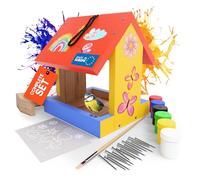 Eli® Kit di mangiatoia per uccelli per bambini in legno di pino da dipingere, incluso 6 colori, pennello, martello in legno, stencil creativi, modelli e chiodi - Nido per uccelli