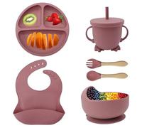 Eliano Set di 6 pezzi in silicone per bambini - piatto antiscivolo, ciotola, bicchiere con cannuccia, forchetta, cucchiaio, bavaglino - lavabile in lavastoviglie, senza BPA, adatto al microonde - Per