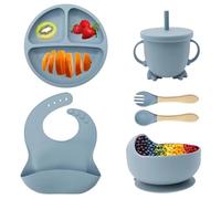 Eliano Set di stoviglie per bambini in silicone da 6 pezzi - piatto antiscivolo, ciotola, bicchiere con cannuccia, forchetta, cucchiaio, bavaglino - lavabile in lavastoviglie, senza BPA, adatto al