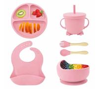 Eliano Set di stoviglie per bambini in silicone da 6 pezzi - piatto antiscivolo, ciotola, bicchiere con cannuccia, forchetta, cucchiaio, bavaglino - lavabile in lavastoviglie, senza BPA, adatto al