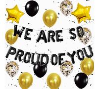 Elicola Festone di laurea, nero We are so proud of you, con 2 palloncini a stella e 15 palloncini 2025 Congratulazioni Grad Retirement Well Done, decorazioni per feste nere