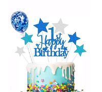 Elicola Topper per torta con scritta "Happy 1st Birthday", blu per bambino, con scritta "Happy Birthday" per torta, topper glitterati per torte, decorazioni per torte per il 1° compleanno, forniture