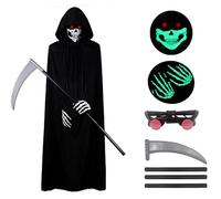 ELINA Costume da Tristo Mietitore Carnevale Halloween Tristo Mietitore Mantello con Cappuccio Costume Cosplay con Occhiali Luminosi Morte Falce e Maschera Teschio, Guanti Fantasma