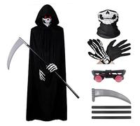 ELINA Grim Reaper Mantello Costume Cosplay di Carnevale di Halloween con Falce della Morte e Guanti,Occhiali Luminosi e copertura per il Viso Con Teschio