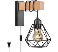 Elinkume Lampada da Parete in Legno per Interni con Spina e Interruttore,Applique Industriale E27 con Paralume a Gabbia in Metallo per Soggiorno,Corridoio Illuminazione Decorativa Luci Parete