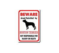 ELIPOS Targa in latta con scritta "Boston Terrier warns That The Property is Guarded by a Trained Boston Terrier", stile vintage, decorazione da parete per casa, ufficio, classe, 20,3 x 30,5 cm