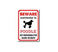 ELIPOS Targa in latta con scritta in lingua inglese "Poodle Sign warns that the property is guarded by a barboncino", divertente cartello di avvertimento per esterni, in metallo, stile vintage