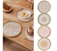 Elistonie Set di 4 tovagliette rotonde Boho tessute a mano in cotone con giacinto d'acqua Tovagliette da pranzo resistenti al calore Lavabile Tovagliette rustiche vintage Tovagliette per Party Cena(B)