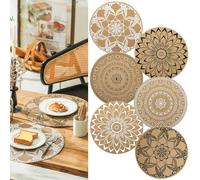 Elistonie Set di 6 tovagliette rotonde in stile boho, lavabili, per tavolo da pranzo, in vinile, resistenti al calore, impermeabili, rotonde, con mandala, tovagliette, tovaglietta bohémien (misto)