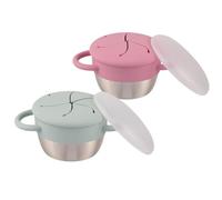 Elk and Friends Bicchieri per snack in acciaio inox, confezione da 2 pezzi, raccogli-alimenti in silicone rimovibile e coperchio da viaggio, contenitori per snack a prova di fuoriuscite per neonati