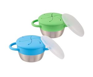 Elk and Friends Bicchieri per snack in acciaio inox, confezione da 2 pezzi, raccogli-alimenti in silicone rimovibile e coperchio da viaggio, contenitori per snack a prova di fuoriuscite per neonati