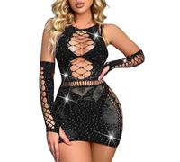Ella Lust Abito aderente sexy con strass scintillanti - Pagliaccetto con guanti in rete esotici Tuta da festa Body da ballo per donne con ritagli in rete(Black,O,10531r)