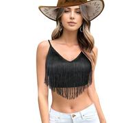 Ella Lust Corto Canotta Donna Estiva con Frange - Maglia Smanicata Scollo A V Elegante Casual Top Abbigliamento Camicie Corsetto Rave Festival Outfit (Black,M,10741r)