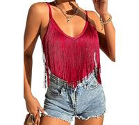 Ella Lust Top da Donna con Frange e Frange, Stile Country, Festival, Orlo con Nappe, Stile Boho, Rodeo, Rave, Canotta, Rosso, M
