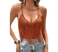 Ella Lust Top da Donna con Frange e Frange, Stile Country, Festival, Orlo con Nappe, Stile Boho, Rodeo, Rave, Canotta, Marrone, XS