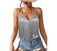 Ella Lust Top da Donna con Frange e Frange, Stile Country, Festival, Orlo con Nappe, Stile Boho, Rodeo, Rave, Canotta, Argento, L