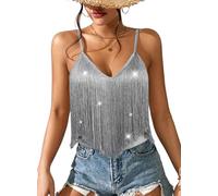 Ella Lust Top da Donna con Frange e Frange, Stile Country, Festival, Orlo con Nappe, Stile Boho, Rodeo, Rave, Canotta, Argento, L