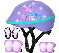EllaSeek Set di caschi e imbottiture per bambini, età 3-5-8 anni, casco da bici con luci LED, ginocchiere regolabili e gomitiere, set di attrezzi protettivi per bambini, per ciclismo, skateboard
