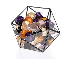 ELLDOO Porta cialde di caffè in vetro nero, 15 lati, geometrica, organizer per capsule di caffè K Cup Espresso, bustine di tè e zucchero, per cucina, bar, bancone ufficio