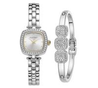 ELLEN TRACY Set regalo da donna con orologio e bracciale rigido da 22 mm, quadrante argentato, dettagli in cristallo