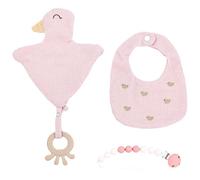 Ellepi Set Regalo Nascita 3 Pezzi Neonato | Bavaglino e Doudou Waffle con Ricami + Portaciuccio Silicone | Confezione Elegante | 3 Colori: Panna Rosa Cielo (Rosa)