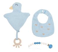 Ellepi Set Regalo Nascita 3 Pezzi Neonato | Bavaglino e Doudou Waffle con Ricami + Portaciuccio Silicone | Confezione Elegante | 3 Colori: Panna Rosa Cielo (Cielo)