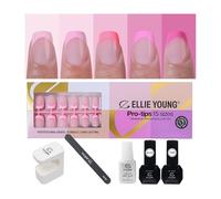 Ellie Young PRO-TIPS - Set di 150 unghie a pressione per unghie in gel acrilico con punta francese, 15 misure, per un facile salone fai da te (SET) rosa pastello corto quadrato
