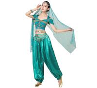 ELLYDOOR Arabian Jasmine Costume for Women Princess Dress Up Halloween Belly Dance Top Pants 4 Piece Outfit Tag M, Blue