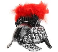 Elmetto da guerriero romano antico, piume rosse e leone, design Re, finitura argento, ideale per cosplay/feste a tema/rievocazioni storiche, casco da guerriero romano antico, argento con piume rosse