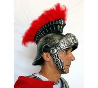 Elmo in plastica color ferro con ciuffo rosso in piume soldato romano centurione