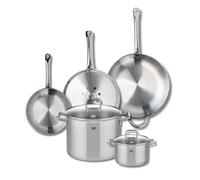 ELO 9512150 - Set di 3 padelle da cucina, 24, 28 e 32 cm e 2 pentole, 16 e 26 cm, Elo Profi Citrino, acciaio inox, induzione