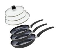 Elo 9807850 - Set di 3 padelle in alluminio e 3 coperchi di cottura in vetro, padella per tutti i fuochi, tranne induzione, padella da cucina, padella senza Pfas, alluminio, acciaio inossidabile,