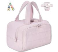 Elouva Toiletry Bag, Elouva Large Capacity Wide-Open Travel Makeup Bag, 4-in-1 Puffy Multi-functional Cosmetic Bags, Portable Waterproof Open Flat Organizer Bags, Essentials, Toiletries (Pink)