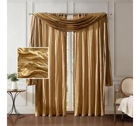 Elrene Atena Set di Tende e mantovana per Finestra in Finta Seta con Filtro a Luce e Sciarpa, 132 x 241 cm, Oro, Poliestere, W 52" x L 95" (3 Panels), 3 unità