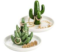 Elsjoy Set di 2 porte anelli con aloe e cactus, in ceramica, per gioiello, bracciali, orecchini, collane, organizer per gioiello, piatti decorativi