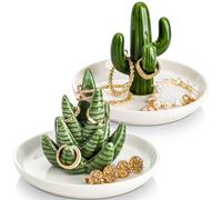 Elsjoy Set di 2 porte anelli con aloe e cactus, in ceramica, per gioiello, bracciali, orecchini, collane, organizer per gioiello, piatti decorativi