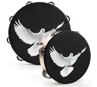 Elsjoy Set di 2 tamburello, 25,4 cm e 20,3 cm, tamburello da chiesa a doppia fila, campanello in legno, strumento a percussione per chiesa, nero