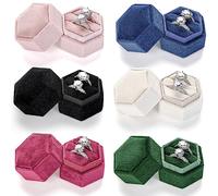 Elsjoy Set di 6 scatole per anelli in velluto, a doppia fessura, per gioielli, esagonali, piccole, con coperchio rimovibile, per matrimonio, proposta, fidanzamento, 6 colori