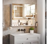 ELUCHANG Armadio da bagno con specchio e illuminazione a LED,Specchio Bagno Contenitore, ripiani regolabili,Porta Asciugacapelli e Asciugamani, Mobile Bagno con Specchio a Due Ante,60X14X60CM,Bianco