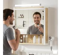 ELUCHANG Specchio da Bagno con Contenitore e Luci, Pensile da Bagno con 2 Ante, 1 Scomparto Aperto e 2 Vani Chiusi, Ripiano Interno Regolabile,Rovere Chiaro+Bianco, 60x13x60cm