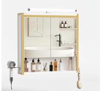 ELUCHANG Specchio da Bagno con Contenitore e Luci, Pensile da Bagno con 2 Ante, 1 Scomparto Aperto e 2 Vani Chiusi, Ripiano Interno Regolabile,Bianco+Dorata, 60x13x60cm