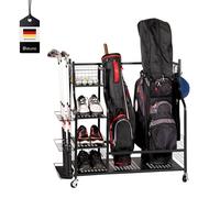 eluno Organizzatore per borse da golf, carrello con ripiani e cesti stabili, scaffale adatto per 2 borse da golf e accessori da golf, porta borsa da golf, in acciaio nero