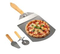 eluno Set di 3 palette per pizza, accessori per pizza, composto da 1 pala per pizza con manico rimovibile, 1 tagliapizza e 1 paletta per pizza, pratico set completo per grigliate, in acciaio inox e