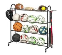 eluno Supporto per palline sportive in acciaio nero con mensole, supporto per mazza da baseball e ganci per riporre palloni da calcio, pallavolo, pallacanestro