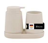 eluno TESERO - Set di accessori da bagno con superficie soft touch, 3 pezzi, composto da 1 dispenser di sapone, 1 tazza e 1 ciotola, ideale per bagno e cucina in plastica (beige)