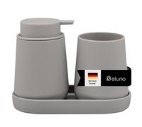 eluno TESERO - Set di accessori da bagno con superficie soft touch, 3 pezzi, composto da 1 dispenser di sapone, 1 tazza e 1 ciotola, ideale per bagno e cucina in plastica (tortora)