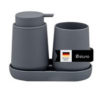 eluno TESERO - Set di accessori da bagno con superficie soft touch, 3 pezzi, composto da 1 dispenser di sapone, 1 tazza e 1 ciotola, ideale per bagno e cucina in plastica (grigio)